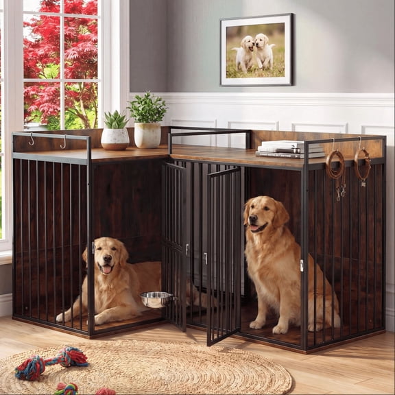 Heavy Duty Double Wooden Dog Crate Furniture, 782437 Inch Indoor Dog Kennel End Table with Removable Divider, Multi-Function Pet Side Table for 2 Medium & Large Dogs
