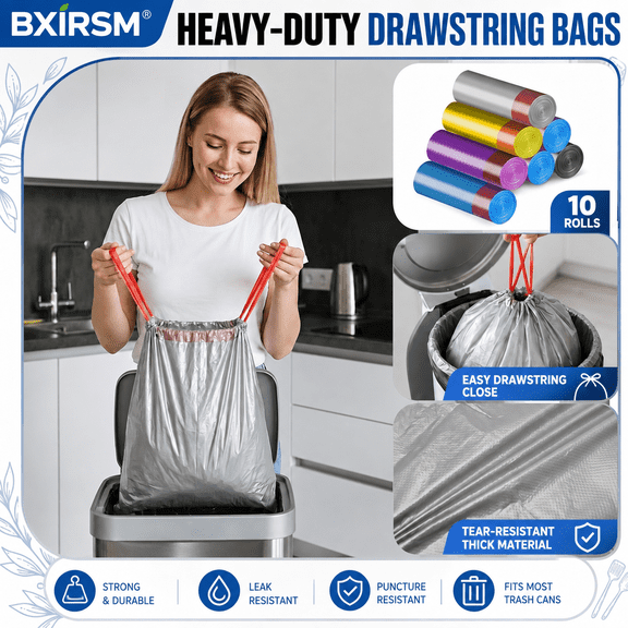 Heavy-Duty Drawstring Kitchen Trash Bags, Strong Flex Tall Kitchen Garbage Bags with Odor Control, 17.71in x 19.68in, Multi-Color Pack