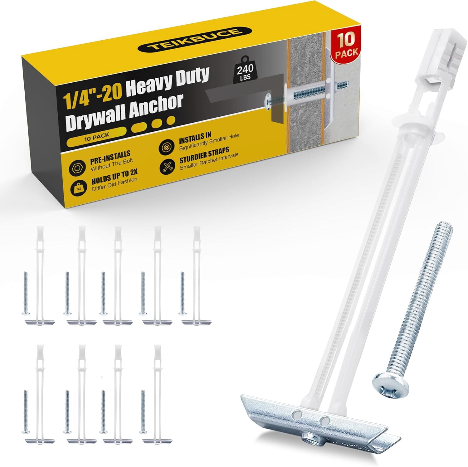 Heavy Duty Drywall Anchor Bolts with 1/4"-20 Fastener Suitable for TV Mounting Hollow Wall Anchor Bolt Screw Kit Supports Up to 270 lbs Each on 1/2 Inch Drywall Pack of 10