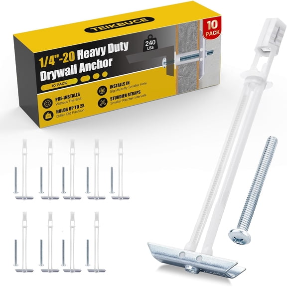 Heavy Duty Drywall Anchor Bolts with 1/4"-20 Fastener Suitable for TV Mounting Hollow Wall Anchor Bolt Screw Kit Supports Up to 270 lbs Each on 1/2 Inch Drywall Pack of 10