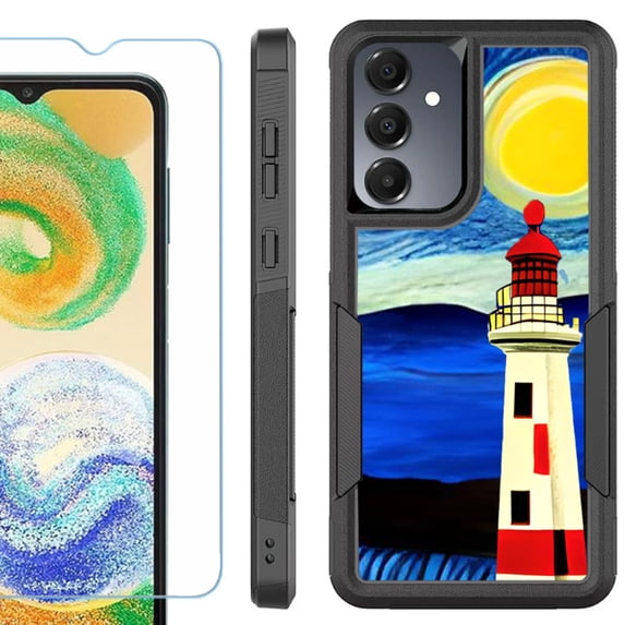 Heavy Duty Dual Layer Hybrid Phone Case for Samsung Galaxy S24 FE 5G with Tempered Glass Screen Protector, by OneToughShield - Starry Night Lighthouse