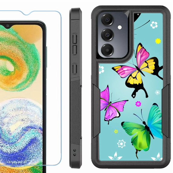 Heavy Duty Dual Layer Hybrid Phone Case for Samsung Galaxy S24 FE 5G with Tempered Glass Screen Protector, by OneToughShield - Butterfly