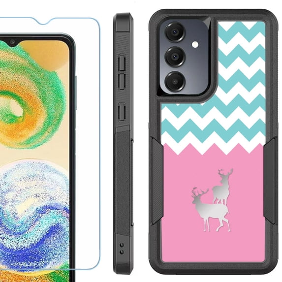 Heavy Duty Dual Layer Hybrid Phone Case for Samsung Galaxy S24 FE 5G with Tempered Glass Screen Protector, by OneToughShield - Chevron/Teal/Deer