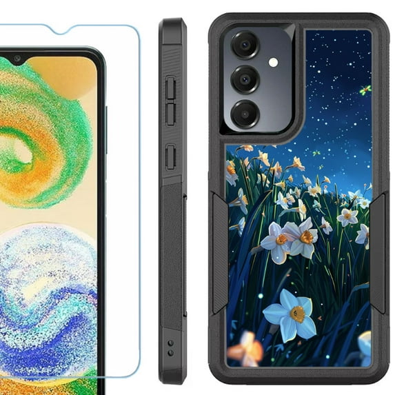 Heavy Duty Dual Layer Hybrid Phone Case for Samsung Galaxy S24 FE 5G with Tempered Glass Screen Protector, by OneToughShield - Daffodils Night