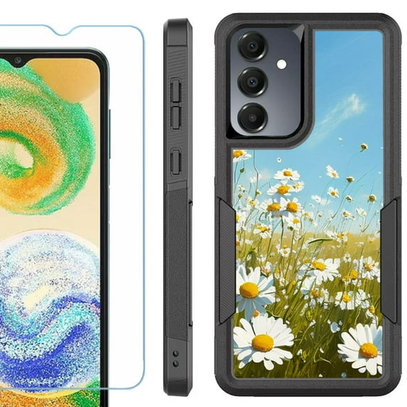 Heavy Duty Dual Layer Hybrid Phone Case for Samsung Galaxy S24 FE 5G with Tempered Glass Screen Protector, by OneToughShield - Daisy Field