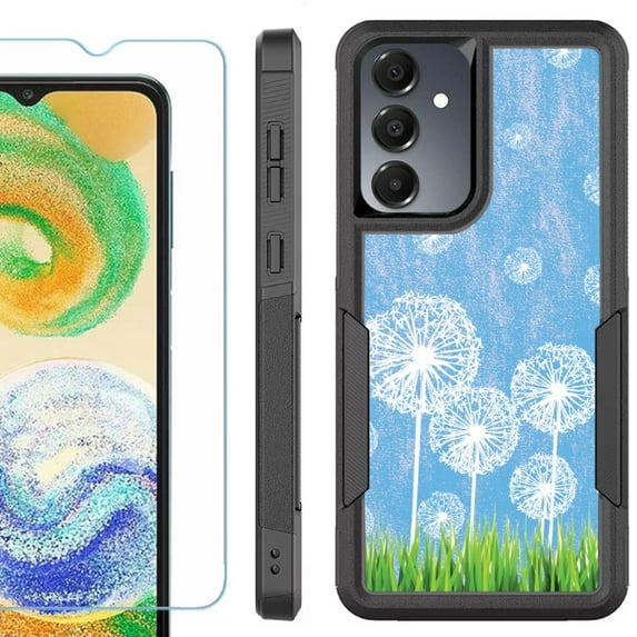 Heavy Duty Dual Layer Hybrid Phone Case for Samsung Galaxy S24 FE 5G with Tempered Glass Screen Protector, by OneToughShield - Dandelion Sky