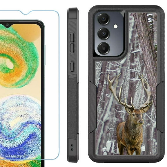 Heavy Duty Dual Layer Hybrid Phone Case for Samsung Galaxy S24 FE 5G with Tempered Glass Screen Protector, by OneToughShield - Deer/Snow/Camo