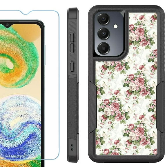 Heavy Duty Dual Layer Hybrid Phone Case for Samsung Galaxy S24 FE 5G with Tempered Glass Screen Protector, by OneToughShield - Floral/Rose