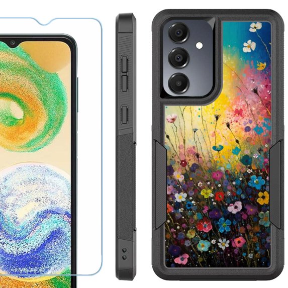 Heavy Duty Dual Layer Hybrid Phone Case for Samsung Galaxy S24 FE 5G with Tempered Glass Screen Protector, by OneToughShield - Flower Field