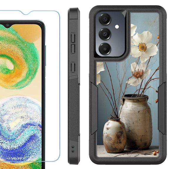 Heavy Duty Dual Layer Hybrid Phone Case for Samsung Galaxy S24 FE 5G with Tempered Glass Screen Protector, by OneToughShield - Flower Sensation