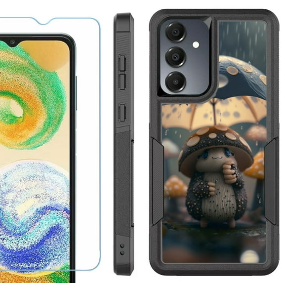 Heavy Duty Dual Layer Hybrid Phone Case for Samsung Galaxy S24 FE 5G with Tempered Glass Screen Protector, by OneToughShield - Frog n Mushroom