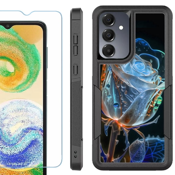 Heavy Duty Dual Layer Hybrid Phone Case for Samsung Galaxy S24 FE 5G with Tempered Glass Screen Protector, by OneToughShield - Glowing Rose