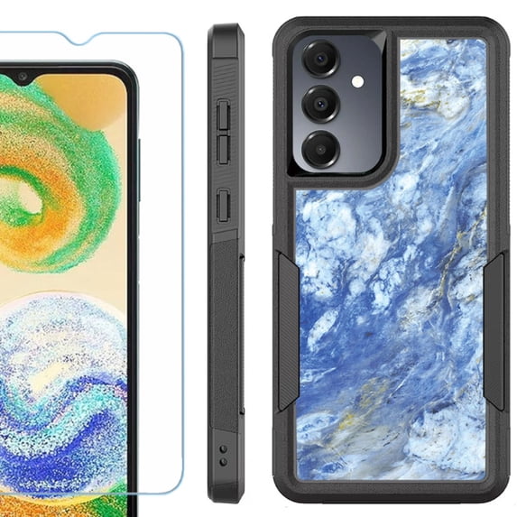 Heavy Duty Dual Layer Hybrid Phone Case for Samsung Galaxy S24 FE 5G with Tempered Glass Screen Protector, by OneToughShield - Marble / Gem Blue