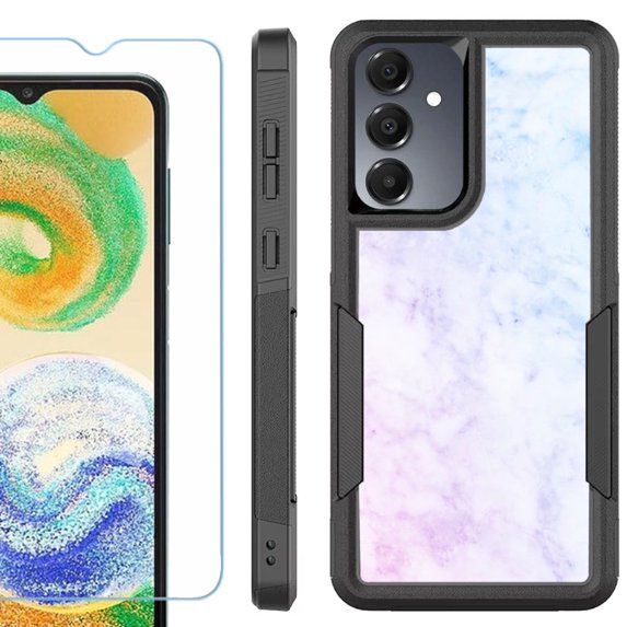 Heavy Duty Dual Layer Hybrid Phone Case for Samsung Galaxy S24 FE 5G with Tempered Glass Screen Protector, by OneToughShield - Marble Pink/Blue