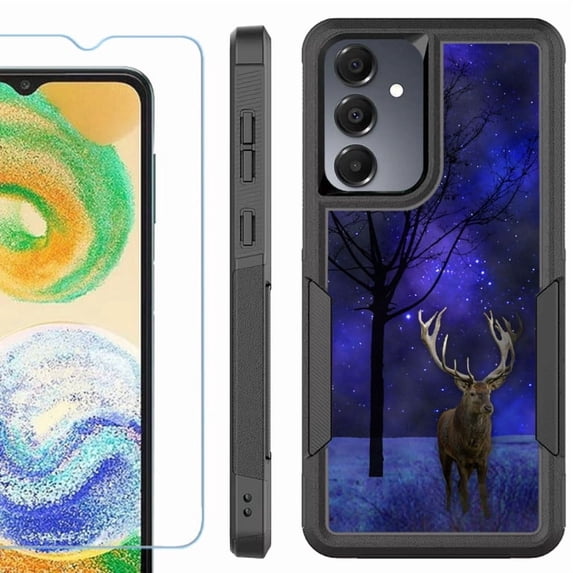 Heavy Duty Dual Layer Hybrid Phone Case for Samsung Galaxy S24 FE 5G with Tempered Glass Screen Protector, by OneToughShield - Midnight Deer