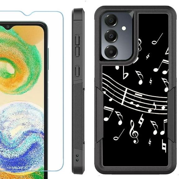 Heavy Duty Dual Layer Hybrid Phone Case for Samsung Galaxy S24 FE 5G with Tempered Glass Screen Protector, by OneToughShield - Music Notes / Black