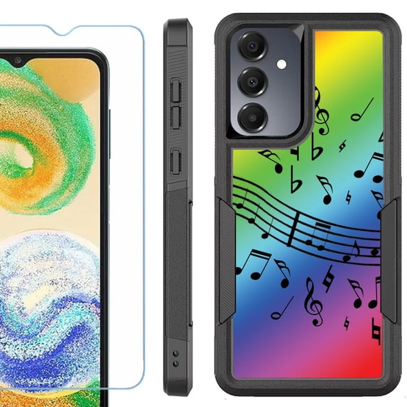 Heavy Duty Dual Layer Hybrid Phone Case for Samsung Galaxy S24 FE 5G with Tempered Glass Screen Protector, by OneToughShield - Music Notes / Rainbow