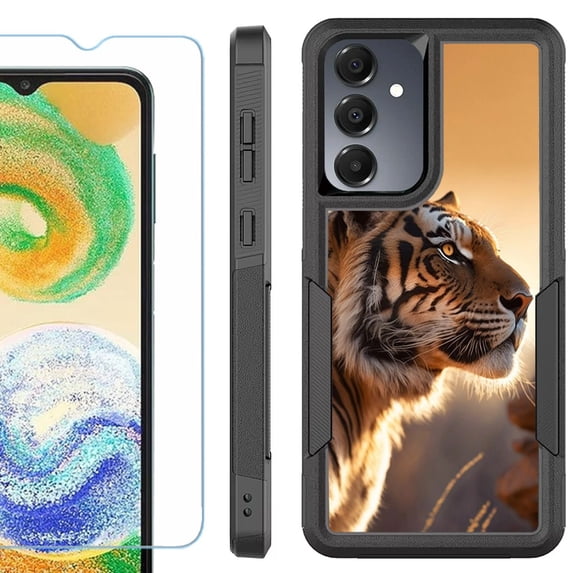 Heavy Duty Dual Layer Hybrid Phone Case for Samsung Galaxy S24 FE 5G with Tempered Glass Screen Protector, by OneToughShield - Tiger