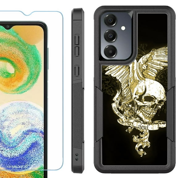 Heavy Duty Dual Layer Hybrid Phone Case for Samsung Galaxy S24 FE 5G with Tempered Glass Screen Protector, by OneToughShield - Wing Skull