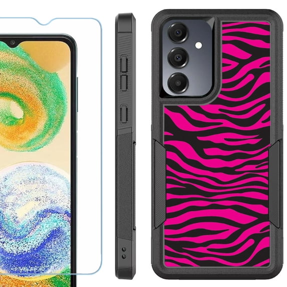 Heavy Duty Dual Layer Hybrid Phone Case for Samsung Galaxy S24 FE 5G with Tempered Glass Screen Protector, by OneToughShield - Zebra Pink