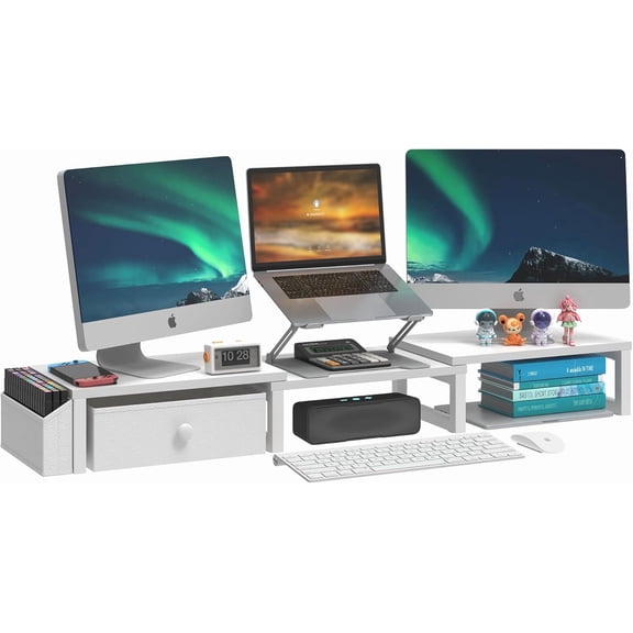 Heavy Duty Dual Monitor Stand, Holds 2 Screens Up to 27 Inches, Adjustable Length and Angle Monitor Riser, Desk Organizer with Side Pockets and Drawers, Home Office Desk Storage, White