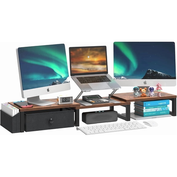 Heavy Duty Dual Monitor Stand, Holds 2 Screens Up to 27 Inches, Adjustable Length and Angle Monitor Riser, Desk Organizer with Side Pockets and Drawers, Home Office Desk Storage, Rustic Brown