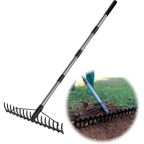 Heavy Duty Dual-Sided Bow Rake, 63" Stainless Steel Handle, Heat-Treated Manganese Steel Head, 17 Steel Tines Metal Garden Rake for Soil Loosening, Yard Leveling, Lawn Care and Thatch Removal