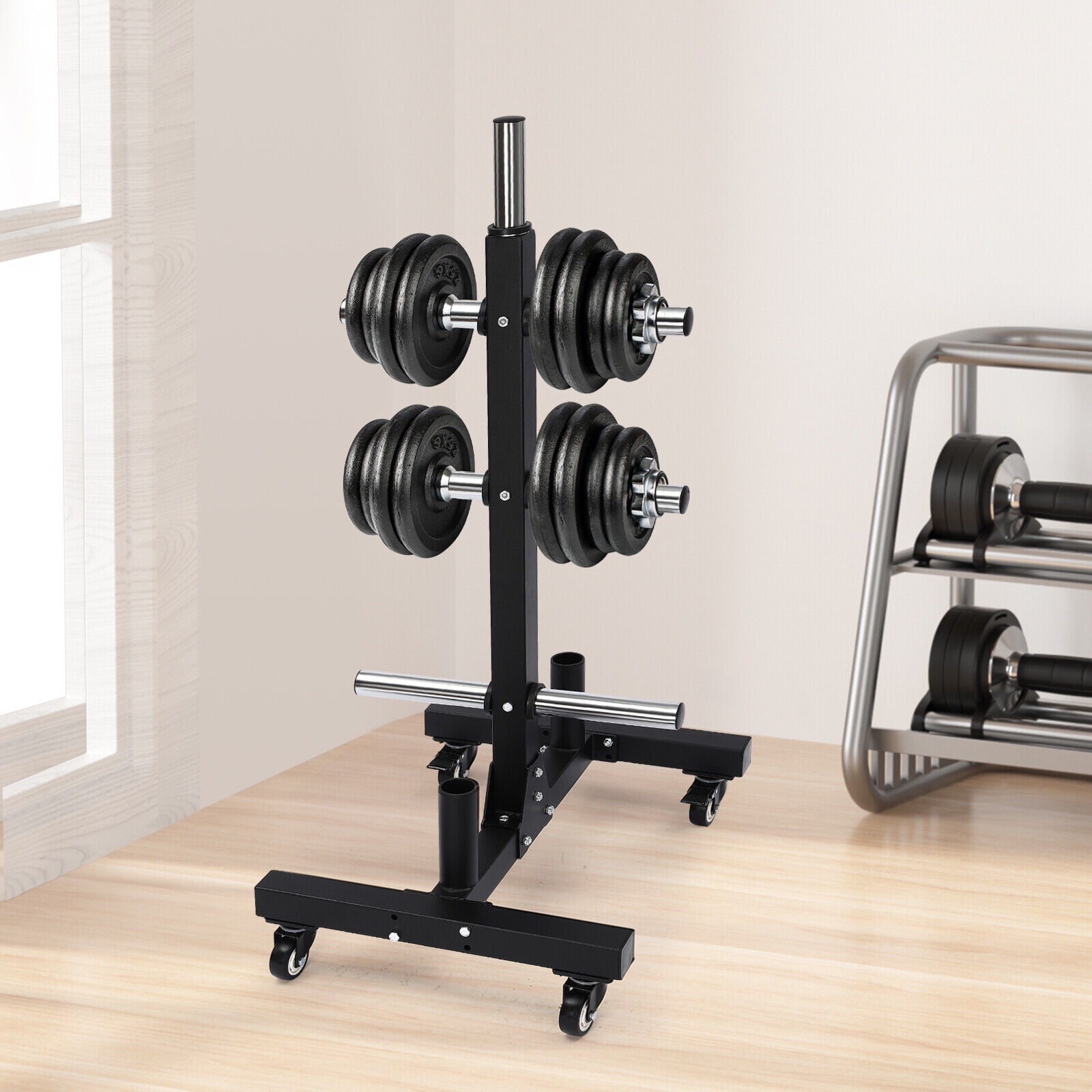 Heavy-Duty Dumbbell Rack, 1102LB Capacity with 7 Weight Plate Posts, 4 Caster Wheels for Home Gym and Commercial Use