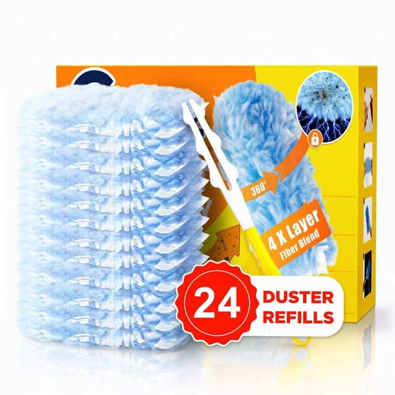 Heavy Duty Duster Refills, 24 Count Duster Refills with Handle, Multisurface 360° Dusters with 4X Microfibers