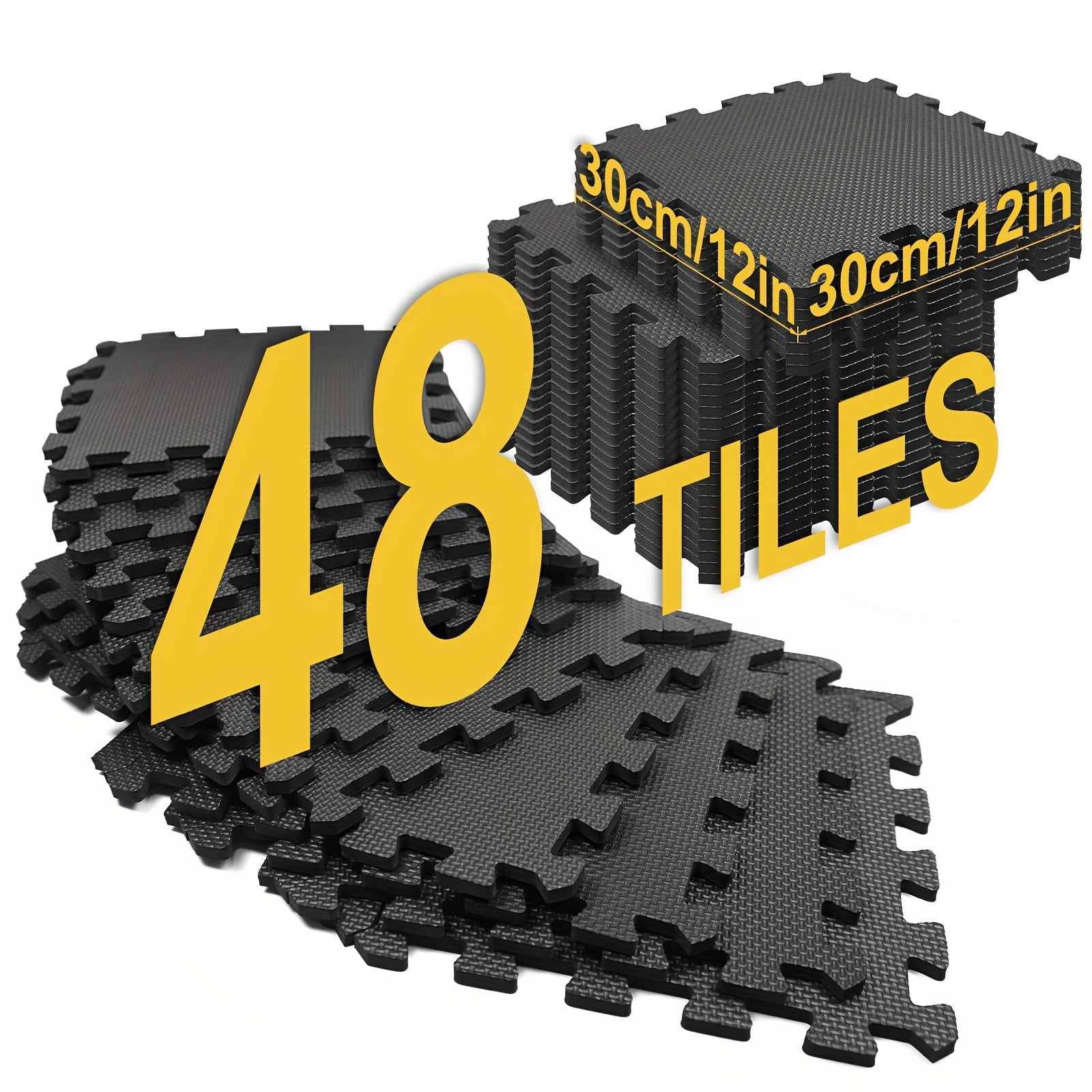Heavy-Duty EVA Interlocking Floor Mats, 12x12 Inch 0.4" Thick Non-Slip Waterproof Foam Tiles, Black Puzzle Gym Flooring for Playroom, Yoga Studio, Indoor Outdoor Use (24 or 48 Tiles)
