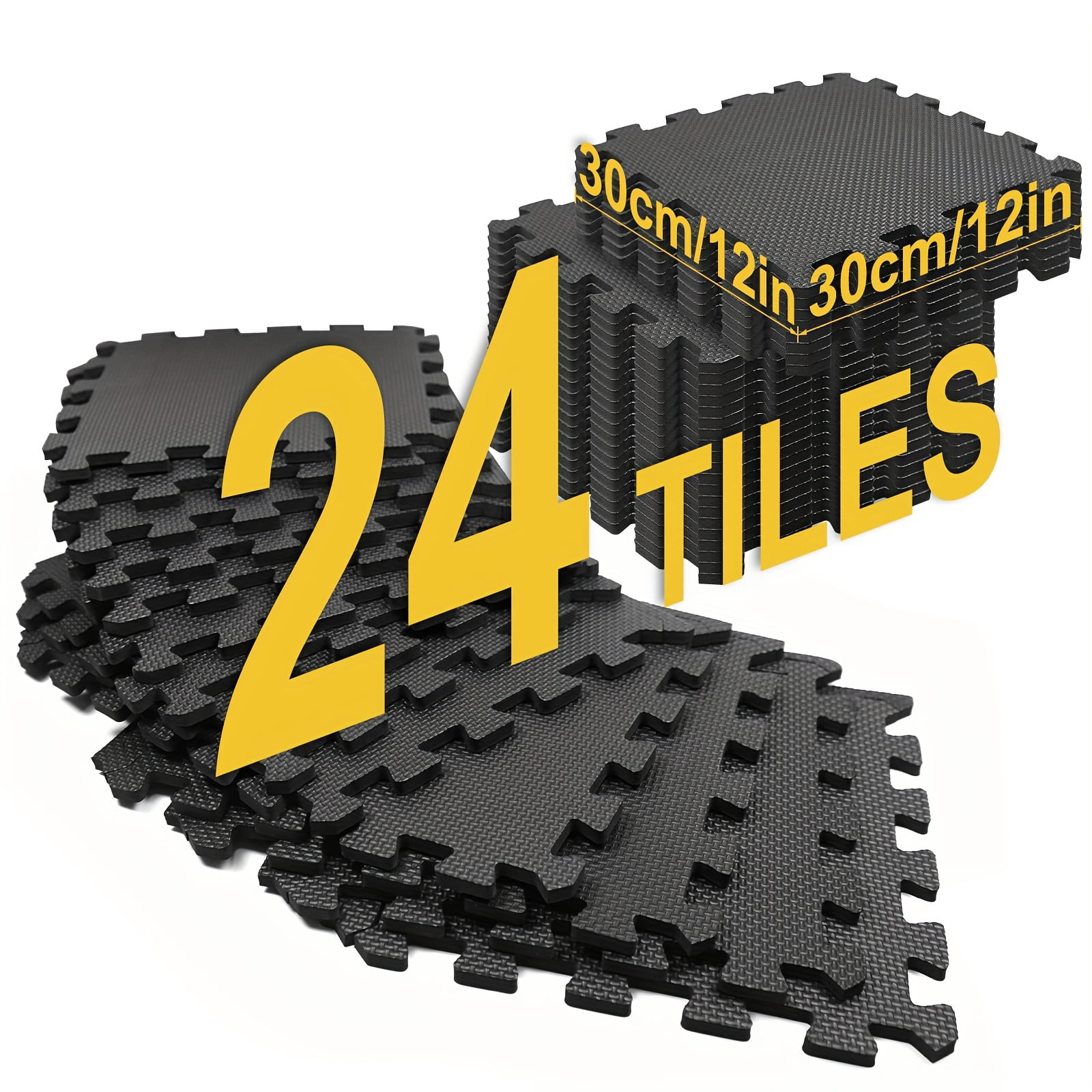 Heavy-Duty EVA Interlocking Floor Mats, 12x12 Inch 0.4" Thick Non-Slip Waterproof Foam Tiles, Black Puzzle Gym Flooring for Playroom, Yoga Studio, Indoor Outdoor Use (24 or 48 Tiles)