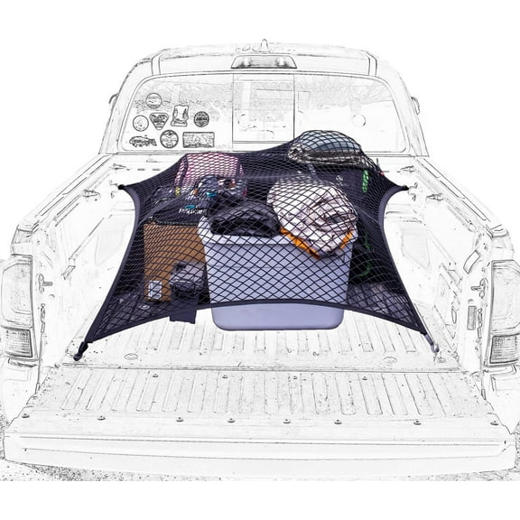 Heavy Duty Elastic Cargo Net 4'x4' (Stretches to 7'x7') , Double Layer Truck Bed Mesh Organizer for Pickup, SUV, ATV , Secures Luggage, Tools, Camping Gear , Weatherproof Bungee Tie Down Net