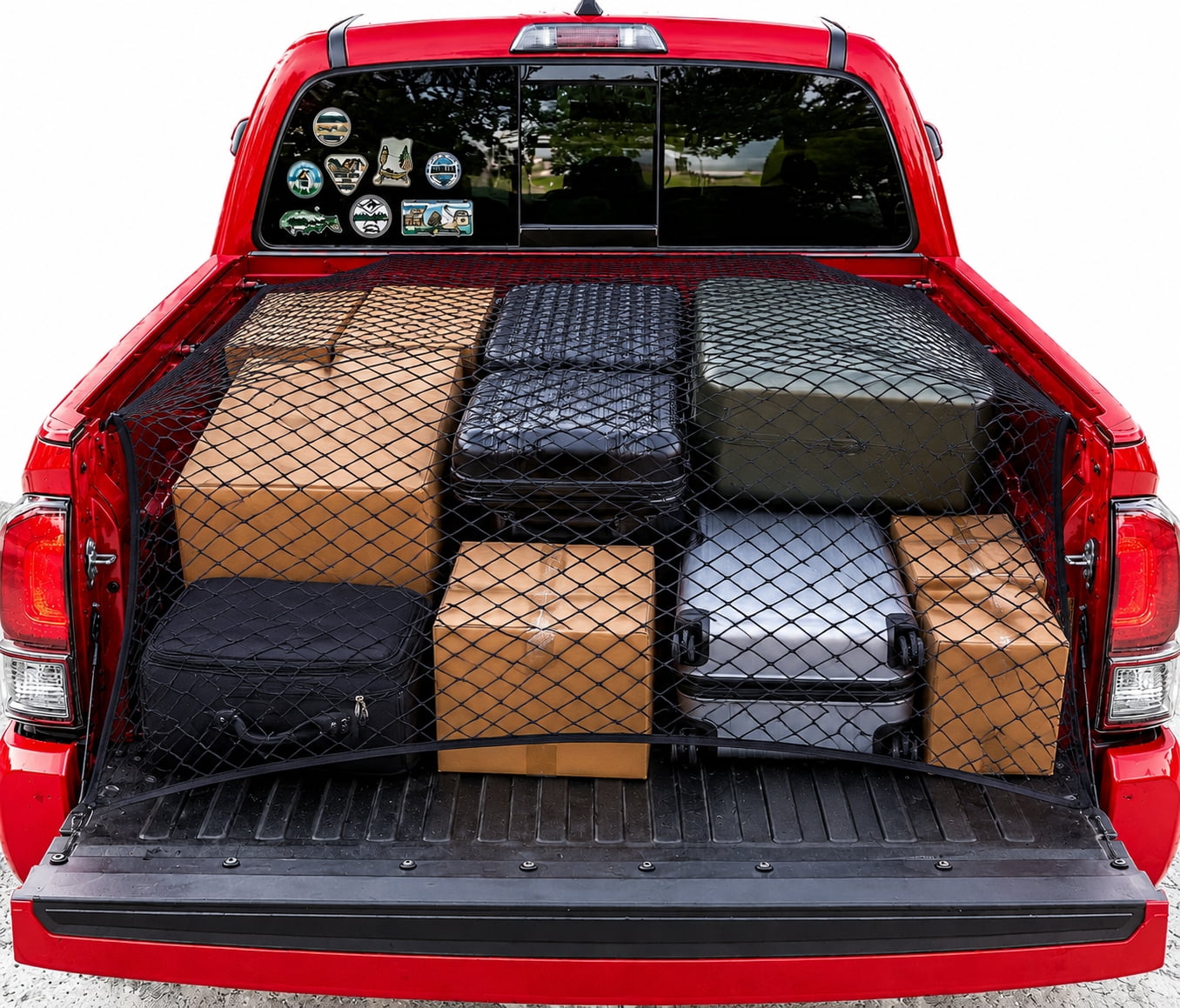 Heavy Duty Elastic Cargo Net 4'x4' (Stretches to 7'x7') , Double Layer Truck Bed Mesh Organizer for Pickup, SUV, ATV , Secures Luggage, Tools, Camping Gear , Weatherproof Bungee Tie Down Net