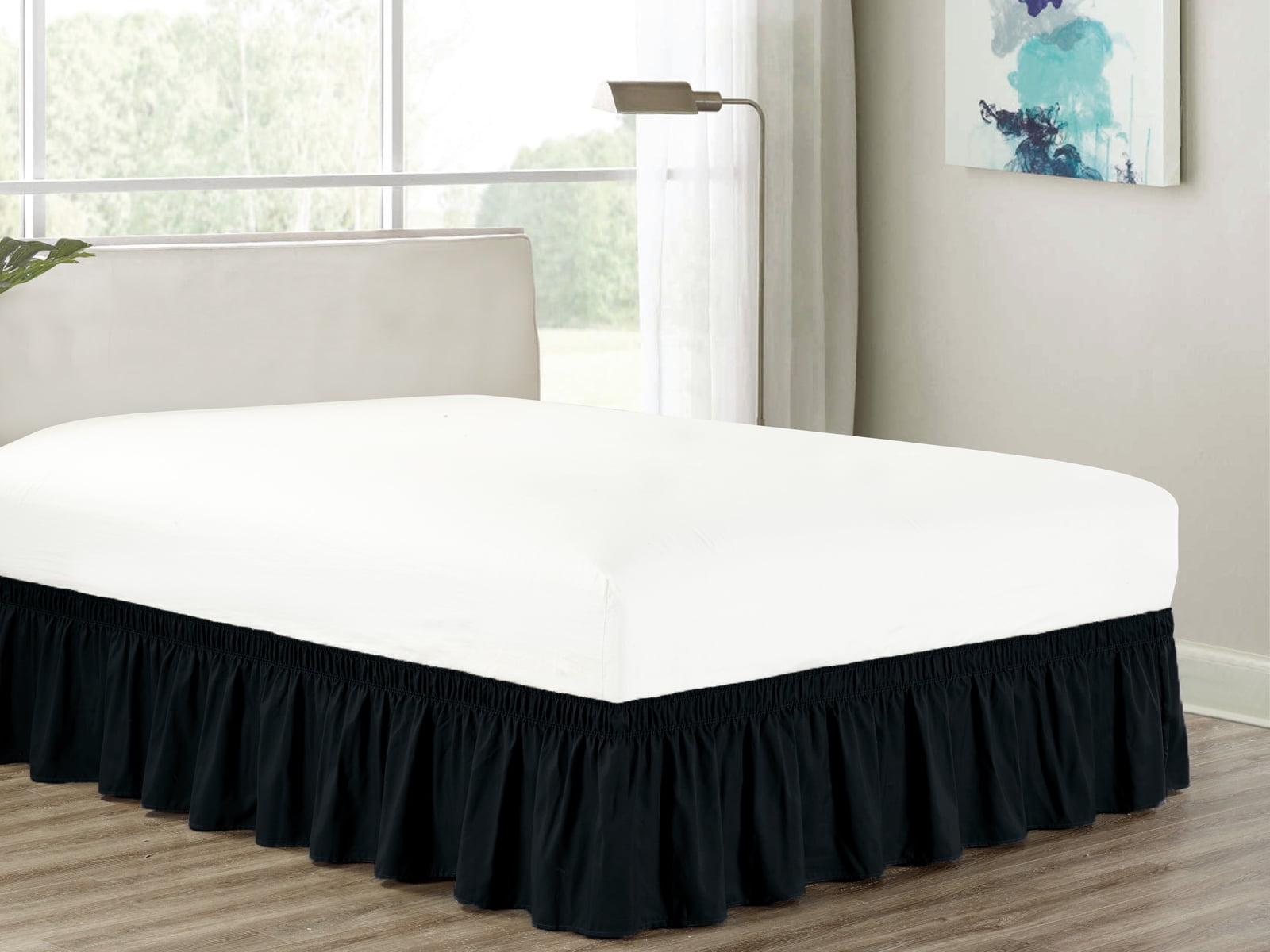 Heavy Duty Elastic Wrap-Around 18" Drop Dust Ruffled Bed Skirt Cover Black King