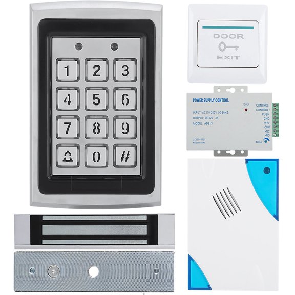 Heavy Duty Electric Magnetic Door Lock Access Control Keypad Security System Kit - 12V 180kg / 620 lbs Holding Force Fail Safe NC Lock with Power Supply, Remote Control, Exit Button & 10 Keyfobs