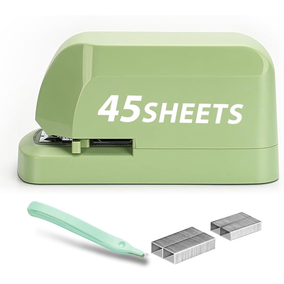 Heavy Duty Electric Stapler Value Pack, 45 Sheet Capacity, Includes 1500 Staples & Staple Remover, No-Jam, Faster Stapling, Automatic Stapler Desktop,AC Adapter Powered (Saga Green)