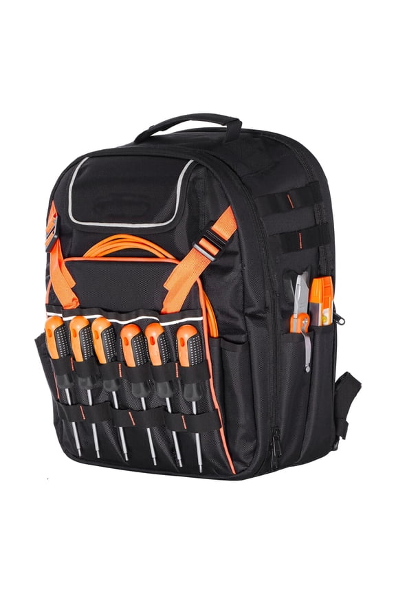 Heavy-Duty Electrician Backpack with 45 Pockets,Laptop Sleeve&Reinforced Base for Tools Storage and Jobsite Organization