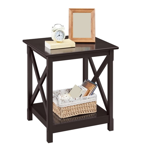 Heavy Duty End Table, 20 x 18 Inch Square Side Table, X-Frame Metal Support, Dark MDF Top with 79 lb Capacity, Pine Legs and Lower Shelf, Compact 22.5 Inch Height for Sofa Couch Bedside, Brown