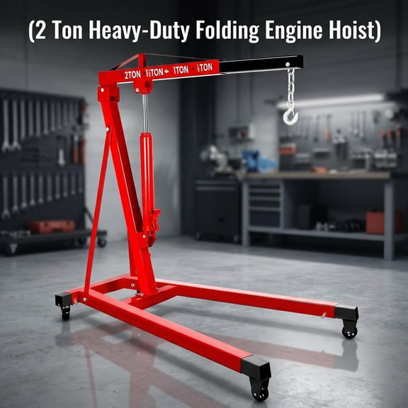 Heavy Duty Engine Hoist, 2 Ton 4400 lbs Red Alloy Steel Cherry Picker Crane, 8t Hydraulic Pump Adjustable Boom Engine Lift with 4 Swivel Steel Casters, Engine Crane for Professional Auto Repair Shop
