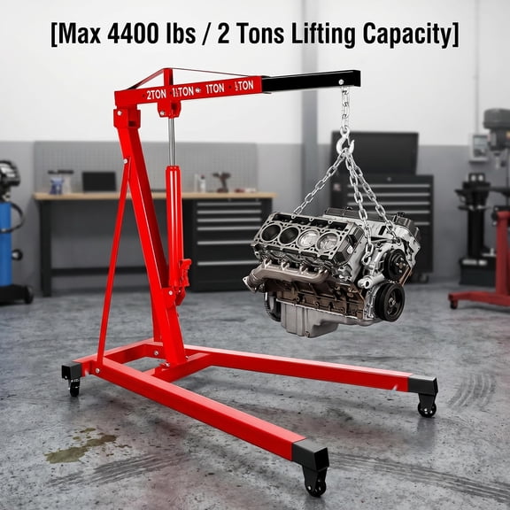 Heavy Duty Engine Hoist, 2 Ton 4400 lbs Red Alloy Steel Cherry Picker Hoist, 8t Hydraulic Shop Crane with 4 Universal Steel Casters, Engine Lifting Crane for Vehicle Repair Garage