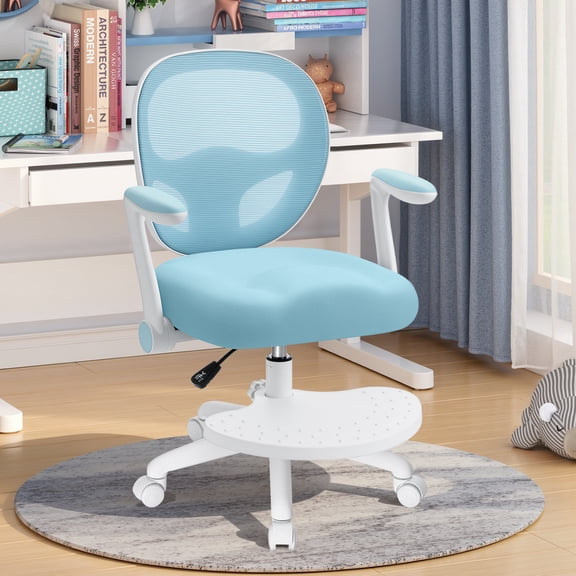 Hoffree Kids Desk Chair with Flipped Arms Wheels Ergonomic Study Chair with Footrest Adjustable Height Rolling Desk Chair for Teens Boys Girls in Study Room Blue