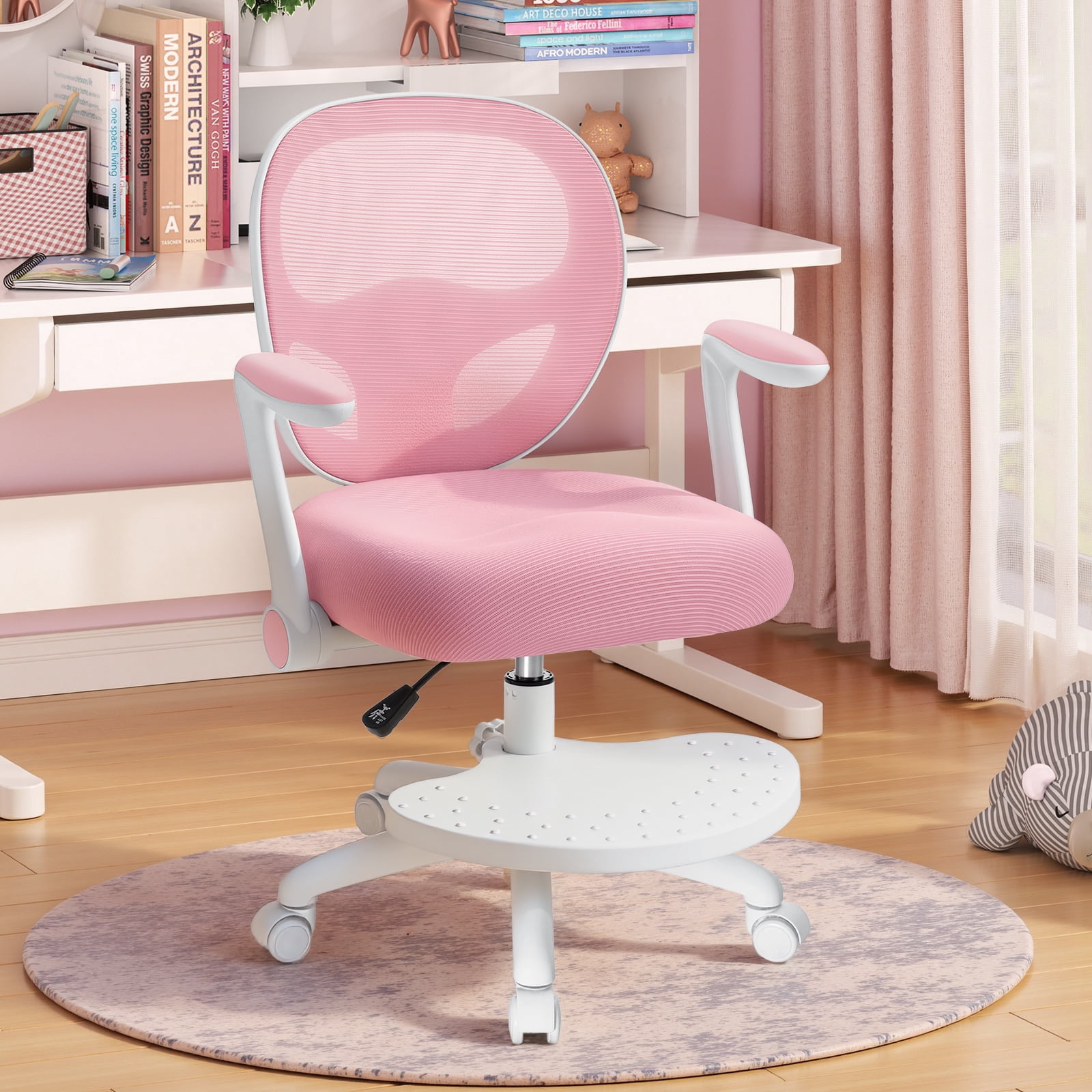 Hoffree Kids Desk Chair with Flipped Arms Wheels Ergonomic Study Chair with Footrest Adjustable Height Rolling Desk Chair for Teens Boys Girls in Study Room Pink