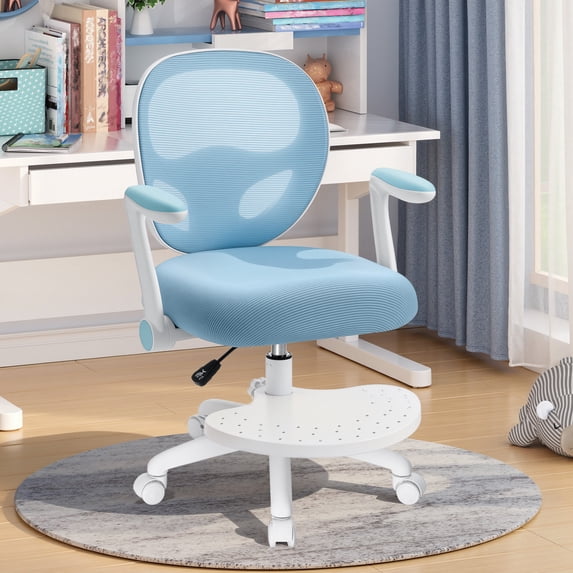 Hoffree Kids Desk Chair with Flipped Arms Wheels Ergonomic Study Chair with Footrest Adjustable Height Rolling Desk Chair for Teens Boys Girls in Study Room Blue