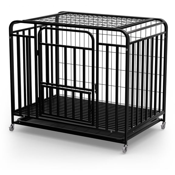 Heavy Duty Escape-Proof Large Dog Crate, 20-Gauge Reinforced Steel Dog Kennel, Lockable Swivel Casters & Leak-Proof Slide-Out Tray, Rust-Proof, Indoor & Outdoor, Black