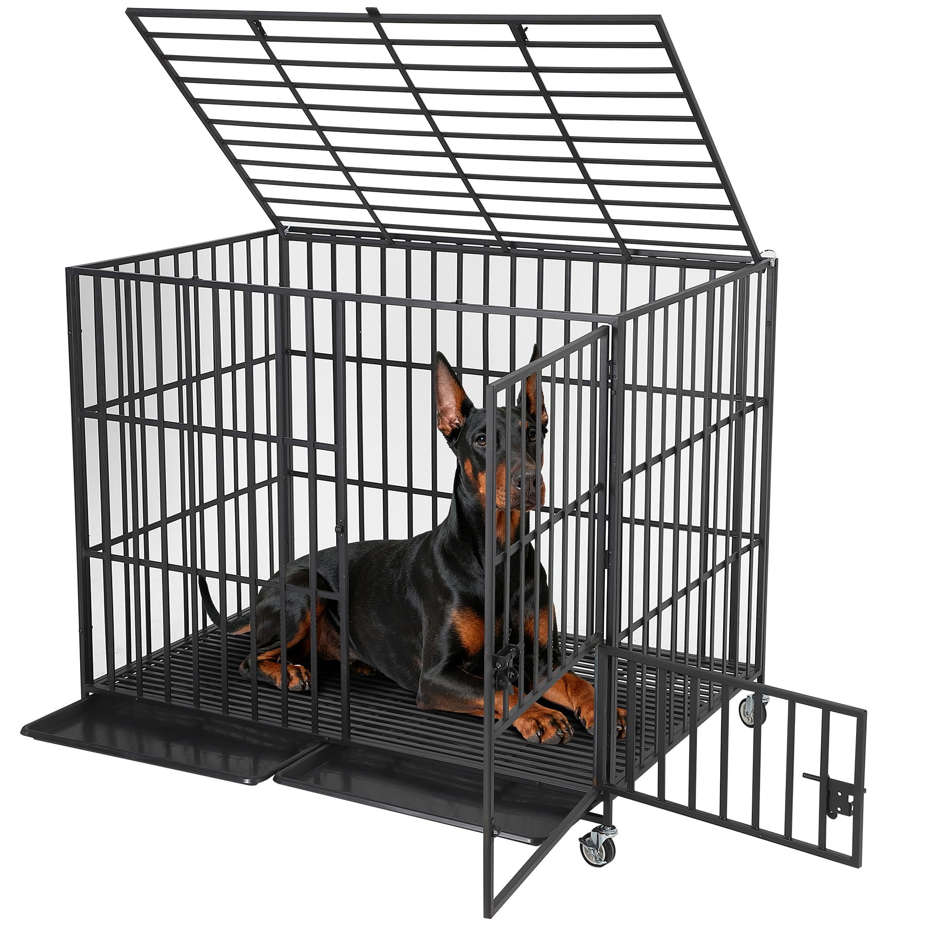 Heavy Duty Escape-Proof Metal Dog Crate for Medium/Large Dogs, 3 Doors with Removable Tray, Locking Wheels, Secure Indoor Outdoor Kennel, Black, 36.2"L x 23.2"W x 31.5"H