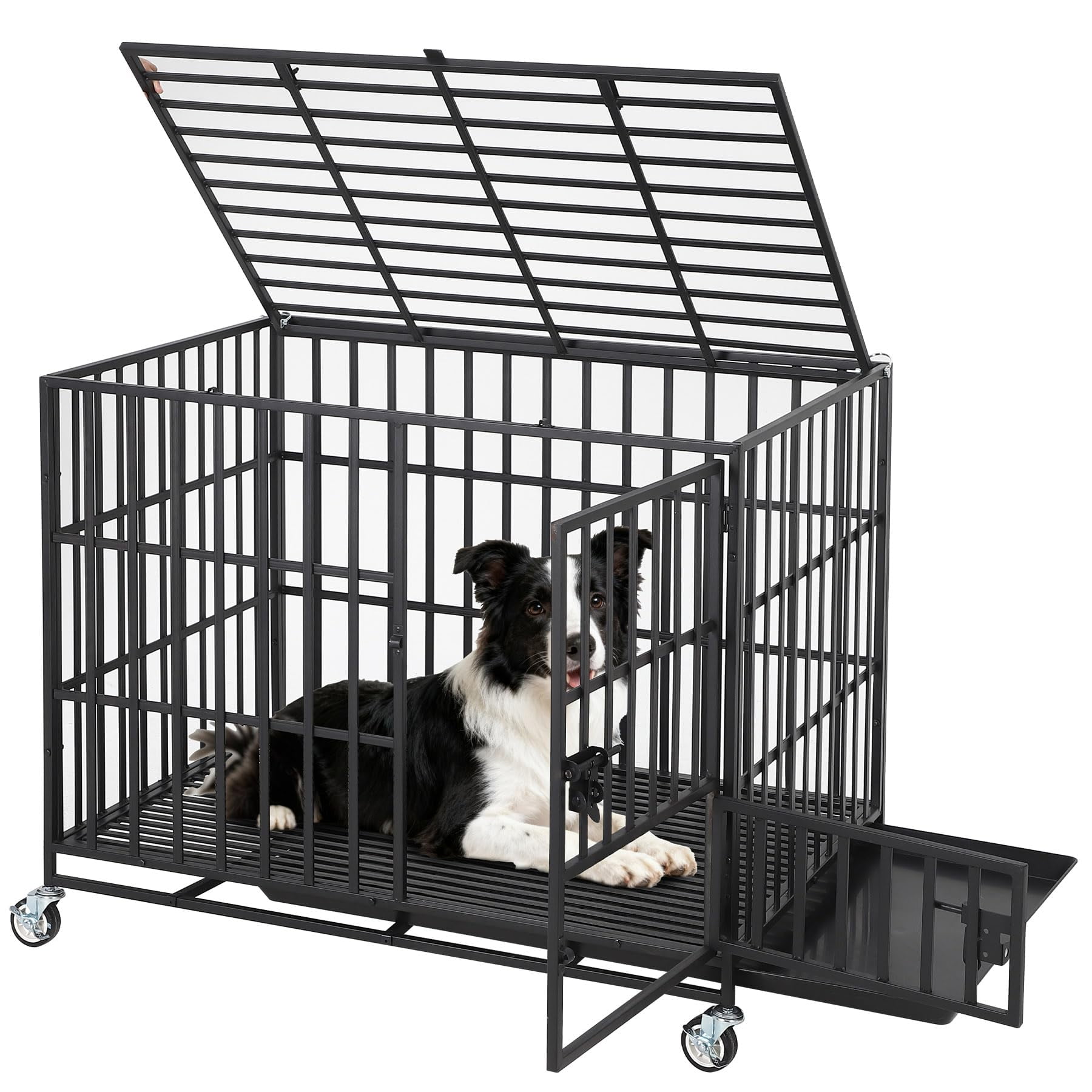 Heavy Duty Escape-Proof Metal Dog Crate for Medium/Large Dogs, 3 Doors with Removable Tray, Locking Wheels, Secure Indoor Outdoor Kennel, Black, 49.2"L x 31.5"W x 36.2"H