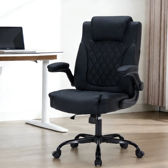 Heavy Duty Executive Office Chair, 350 lb Capacity Ergonomic PU Leather Desk Chair with Lumbar Support & Flip-up Arms for Home & Office