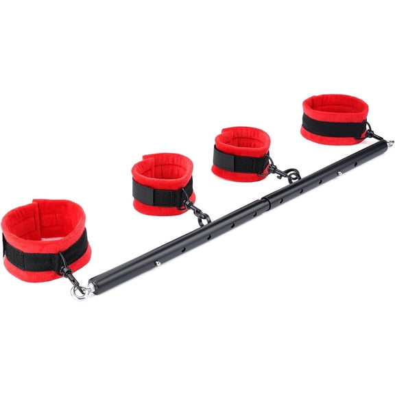 Heavy Duty Expandable Exercise Stainless Steel Bar with 4 pcs Furry Adjustable Strap, Yoga Training Fitness Gear, Workout Bar, Sports Gym Kit (Black+Red Furry Set)