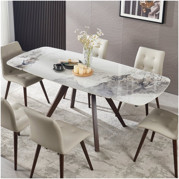 Heavy Duty Expandable Table, Sintered Stone Top and Solid Wood Legs, Seats 4-10, Heat Resistant Kitchen Dining Table for Home