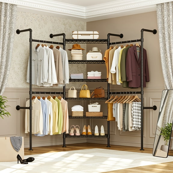 Heavy-Duty Expandable Wall-Mounted Closet System: 4 Telescoping & 6 Mesh Panels for Space-Saving Wardrobe Organization - Holds Clothes, Shoes, Luggage (950lb Capacity).